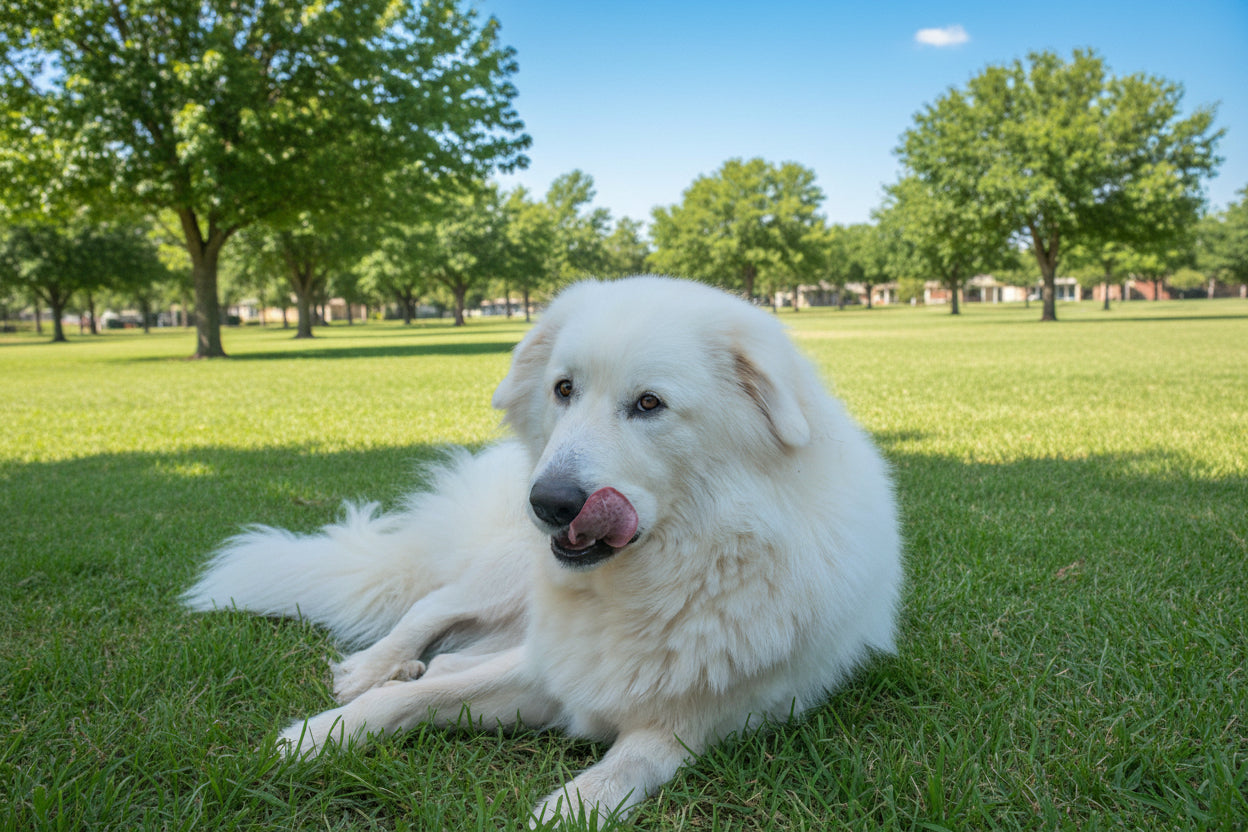 White dog with a black nose lying on a green surface outdoors.