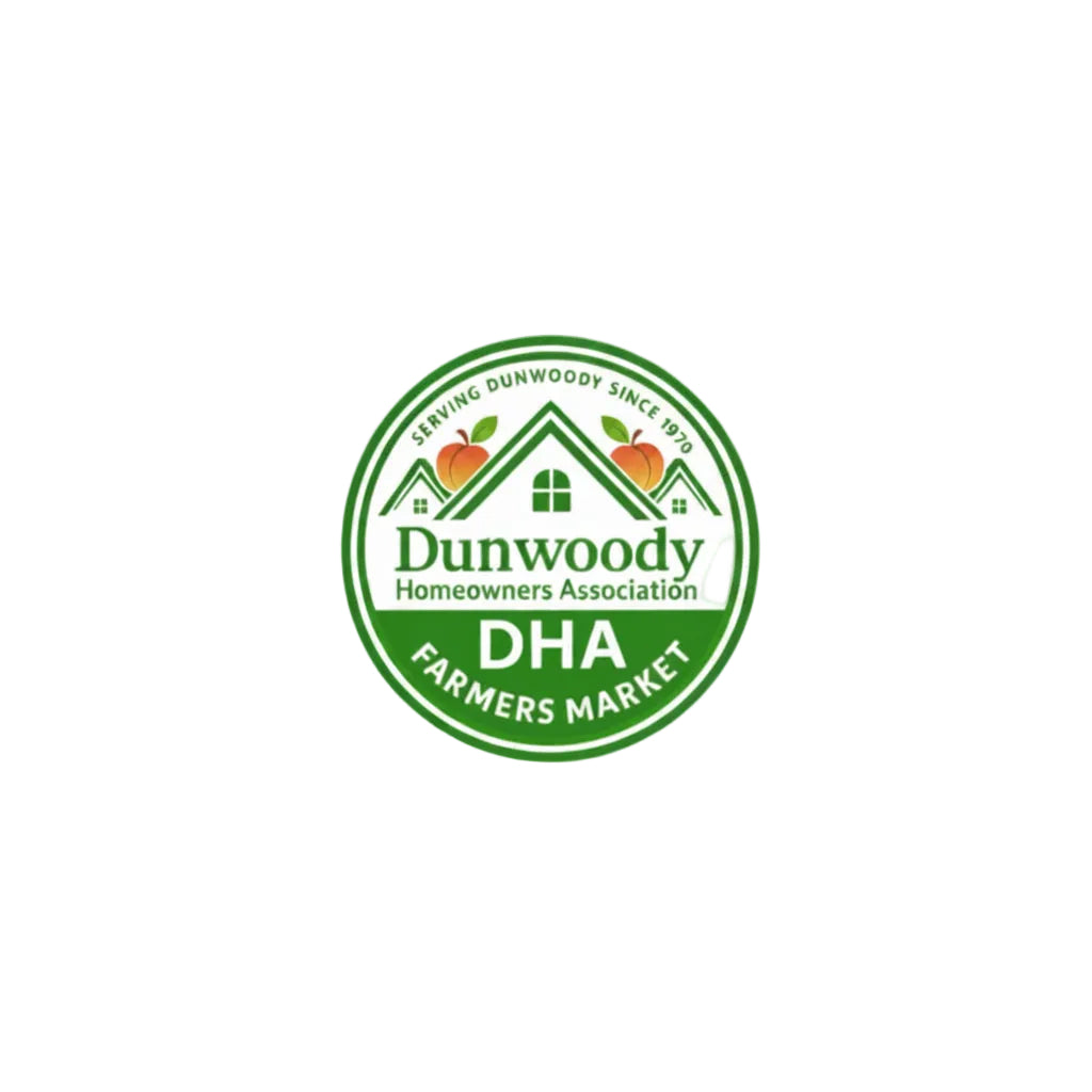 A circular green and white logo for the Dunwoody Homeowners Association (DHA) Farmers Market, featuring stylized house outlines, two peaches, and the text 'Serving Dunwoody Since 1970' and 'DHA Farmers Market'.