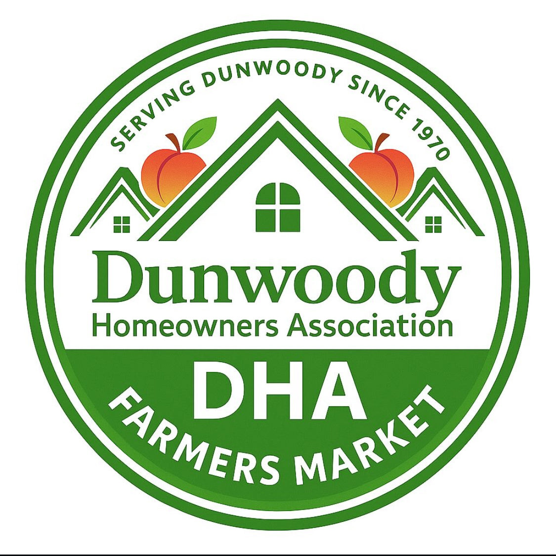 A circular green and white logo for the Dunwoody Homeowners Association (DHA) Farmers Market, featuring stylized house outlines, two peaches, and the text 'Serving Dunwoody Since 1970' and 'DHA Farmers Market'.