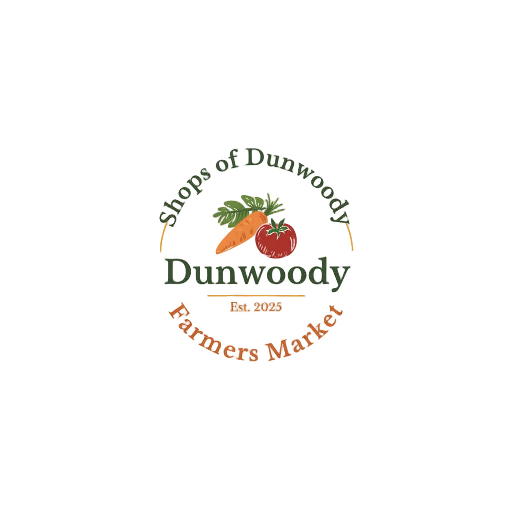 A circular logo for 'Shops of Dunwoody Dunwoody Farmers Market' featuring a carrot and tomato illustration, with 'Est. 2025' written below on a white background.