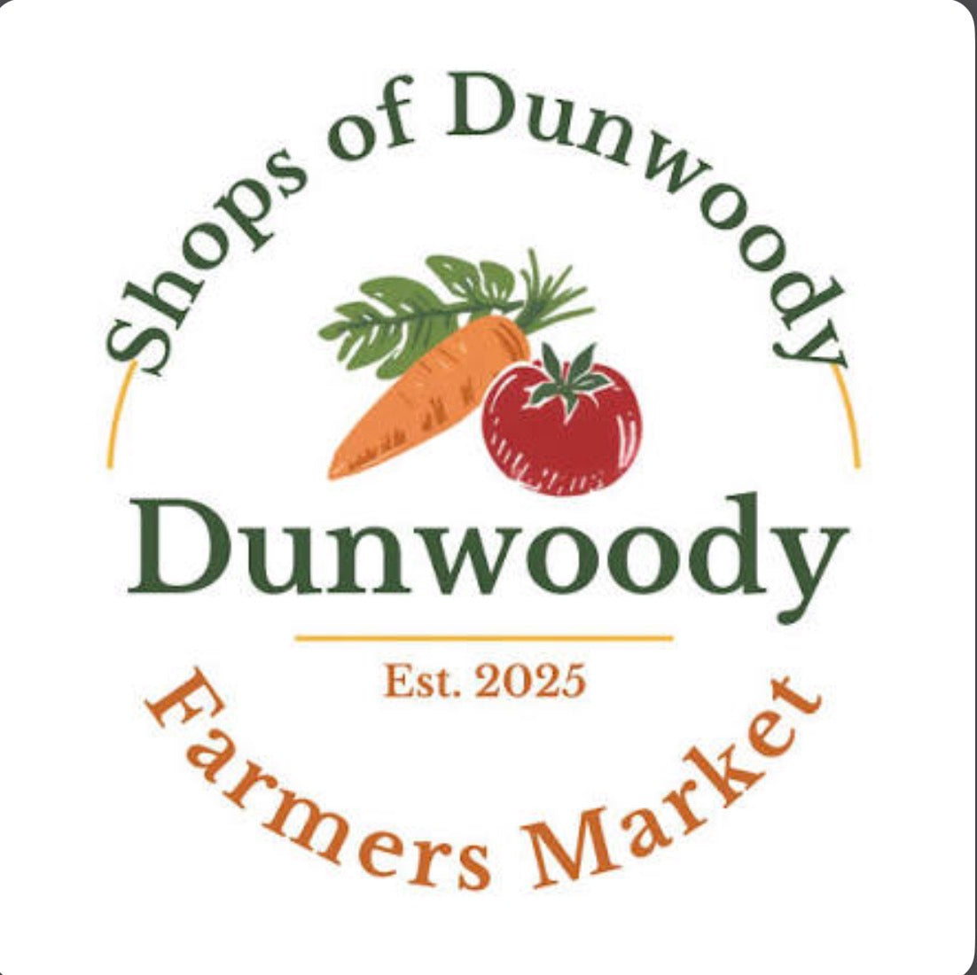 A circular logo for 'Shops of Dunwoody Dunwoody Farmers Market' featuring a carrot and tomato illustration, with 'Est. 2025' written below on a white background.