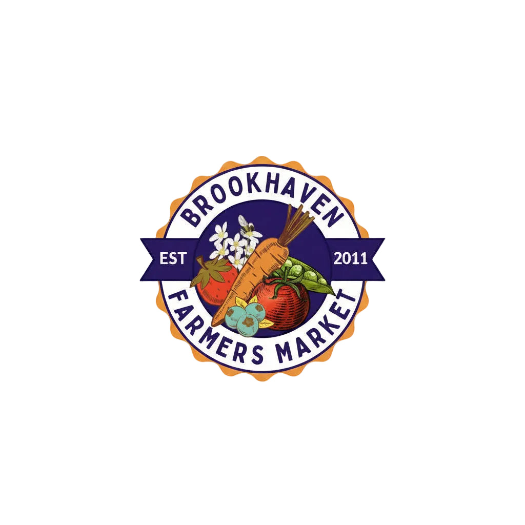 A circular logo for Brookhaven Farmers Market featuring illustrated produce and flowers, with the text 'BROOKHAVEN FARMERS MARKET' and 'EST 2011' on a white background.
