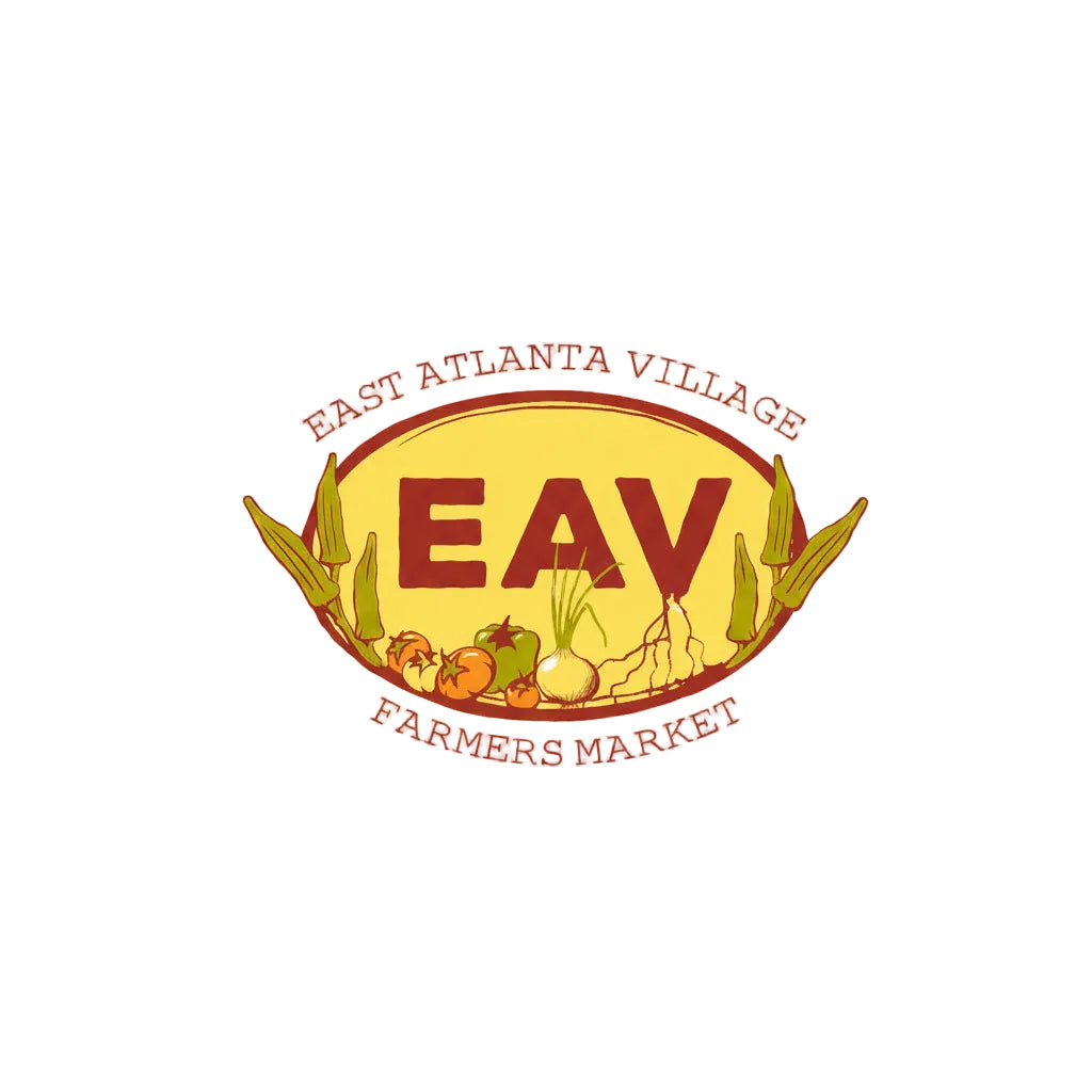 A logo-style graphic for East Atlanta Village Farmers Market, with the text 'EAST ATLANTA VILLAGE' at the top and 'FARMERS MARKET' at the bottom, a large 'EAV' in the center, and illustrated vegetables including corn, tomatoes, a green pepper, an onion, and roots on a white background.