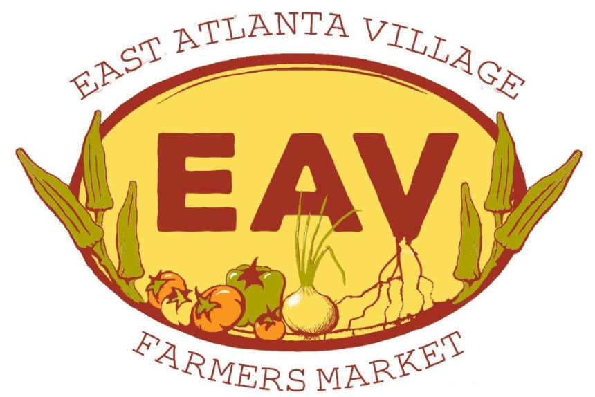 A logo-style graphic for East Atlanta Village Farmers Market, with the text 'EAST ATLANTA VILLAGE' at the top and 'FARMERS MARKET' at the bottom, a large 'EAV' in the center, and illustrated vegetables including corn, tomatoes, a green pepper, an onion, and roots on a white background.