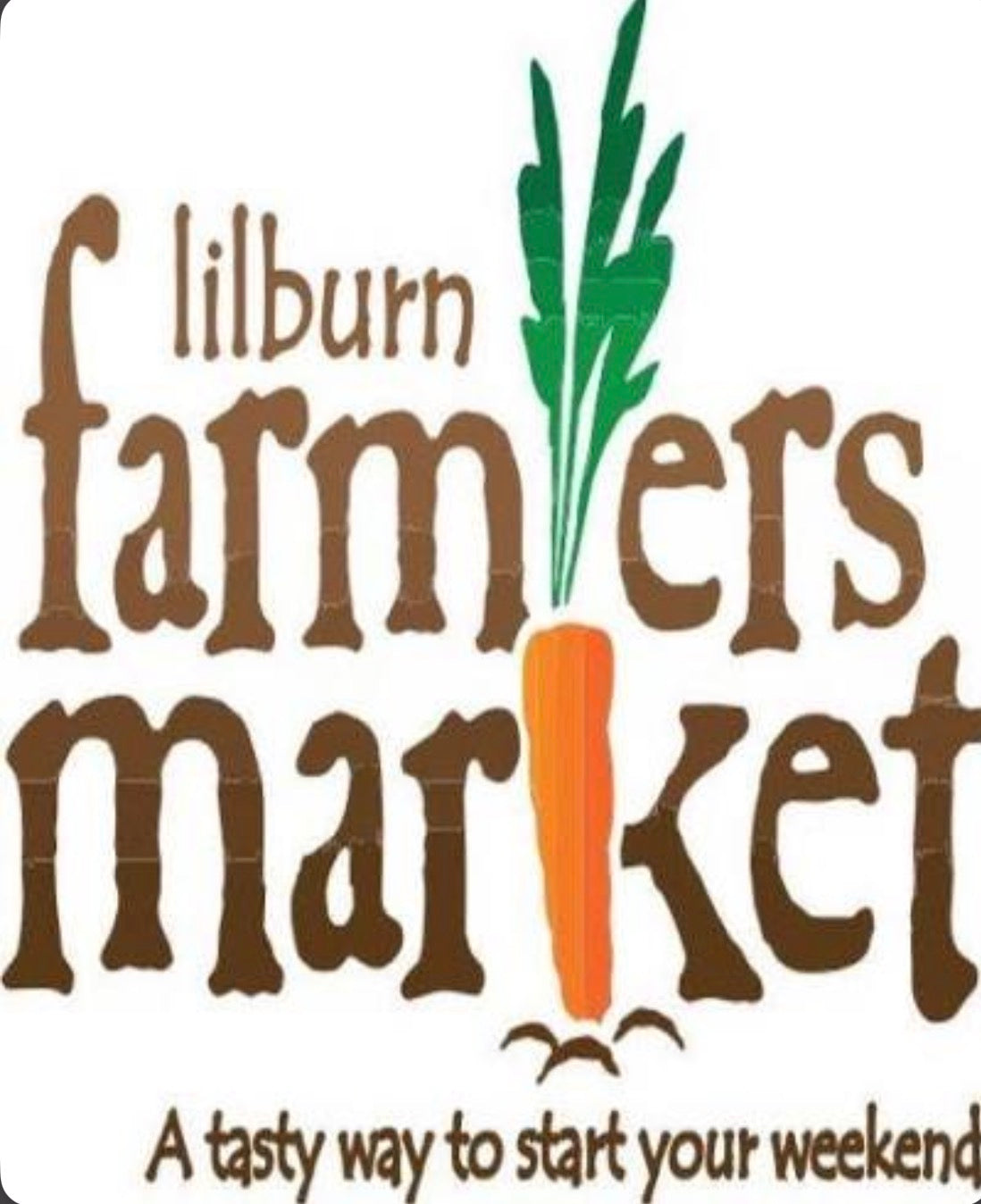 A logo-style graphic reading 'lilburn farmers market' with a stylized orange carrot and green leaves integrated into the lettering on a white background.