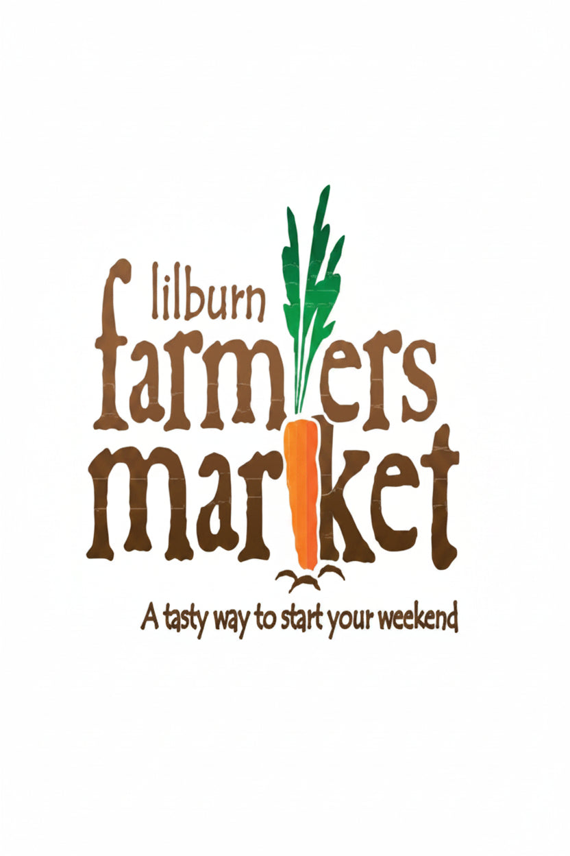 A logo-style graphic reading 'lilburn farmers market' with a stylized orange carrot and green leaves integrated into the lettering on a white background.
