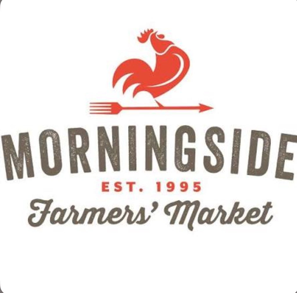 A logo-style graphic on a white background with a red rooster above a fork and arrow, and the text 'MORNINGSIDE Farmers' Market' plus 'EST. 1995'.