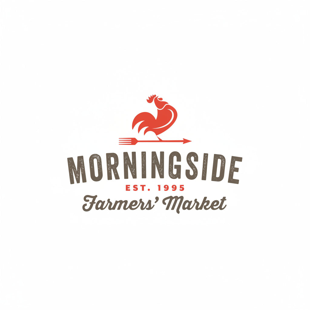 A logo-style graphic on a white background with a red rooster above a fork and arrow, and the text 'MORNINGSIDE Farmers' Market' plus 'EST. 1995'.
