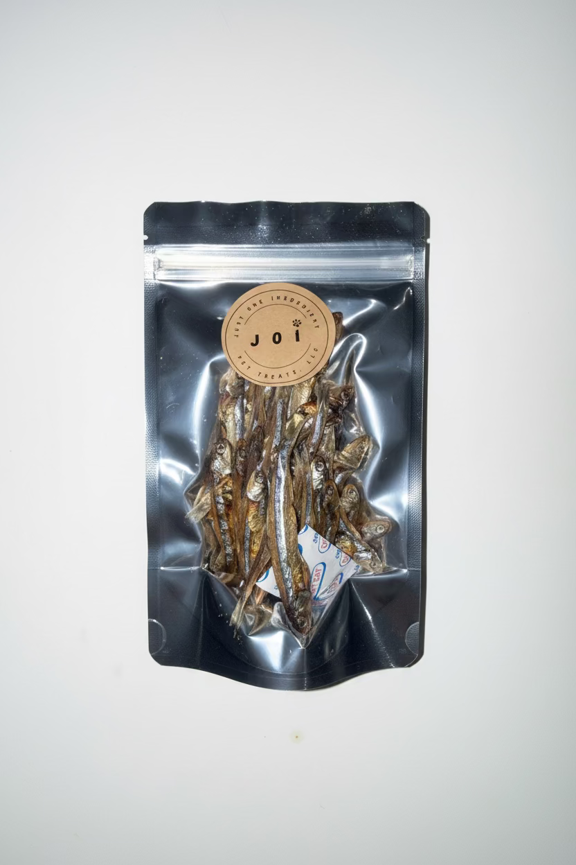 JOI single ingredient dehydrated anchovies dog and cat treats package