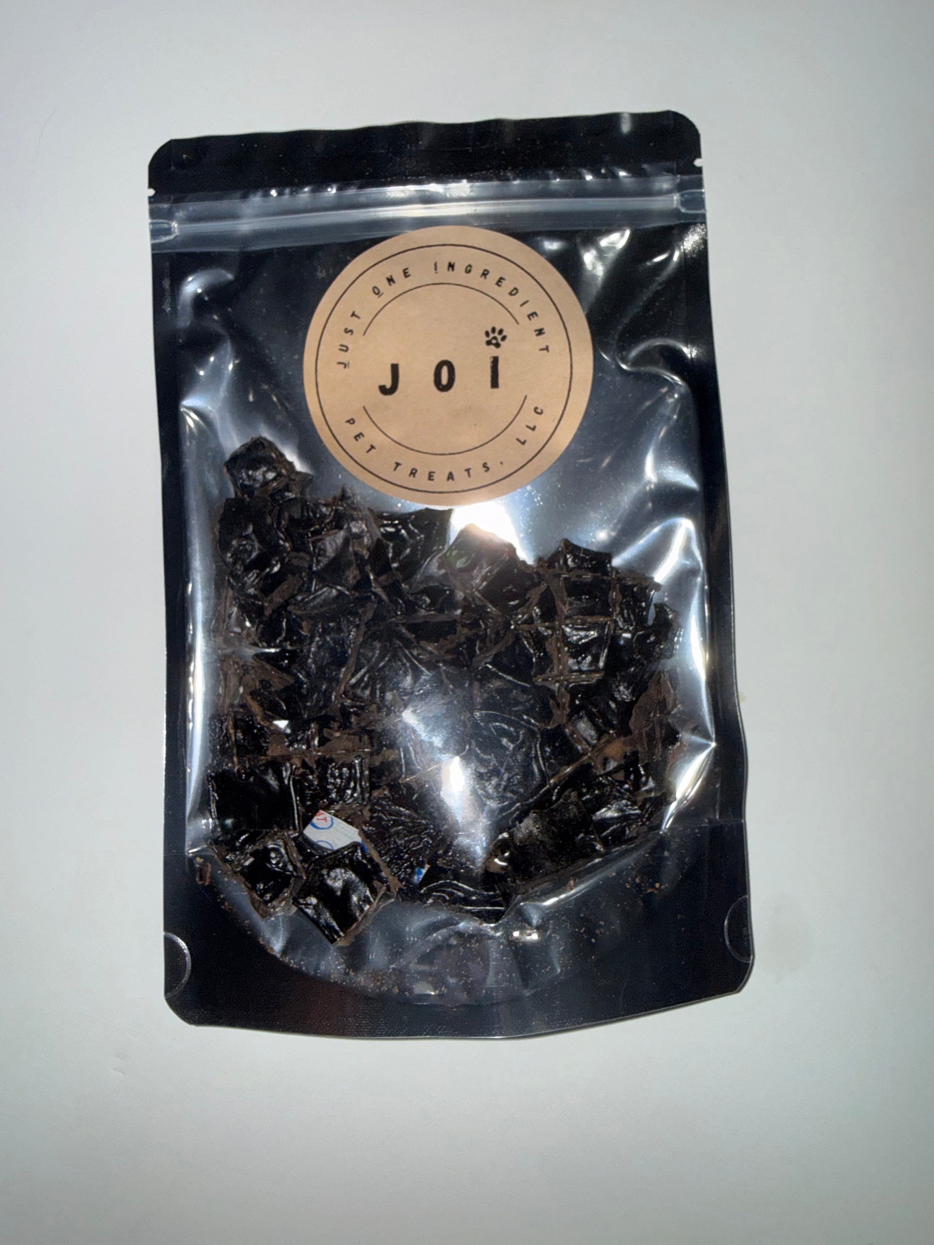 Packaged beef liver treats with JOI label on a white background