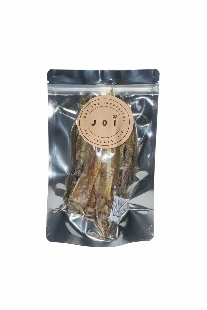 JOI single ingredient dehydrated large smelt dog treat package