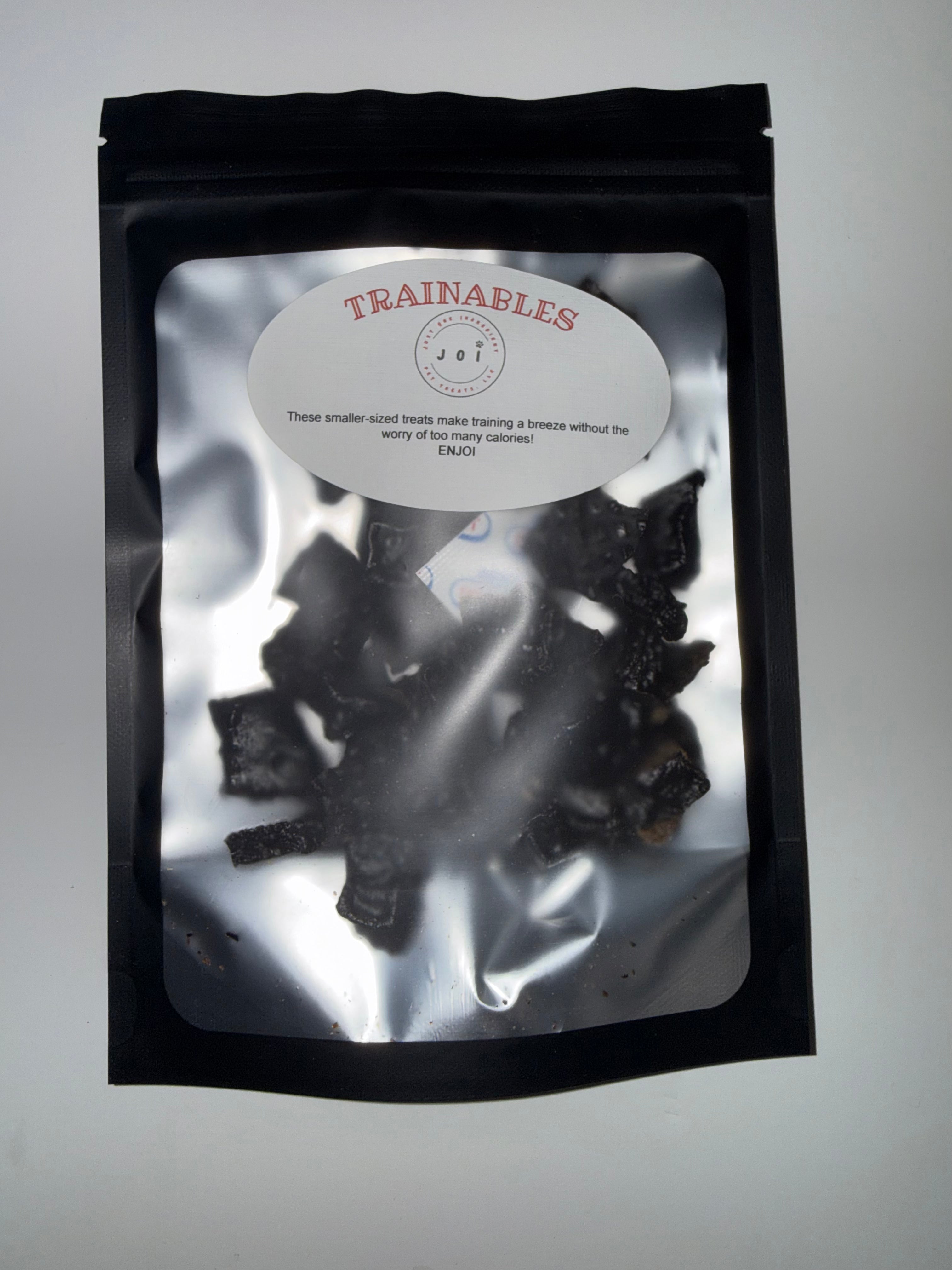 Packaged trainables beef liver treats with JOI label on a white background