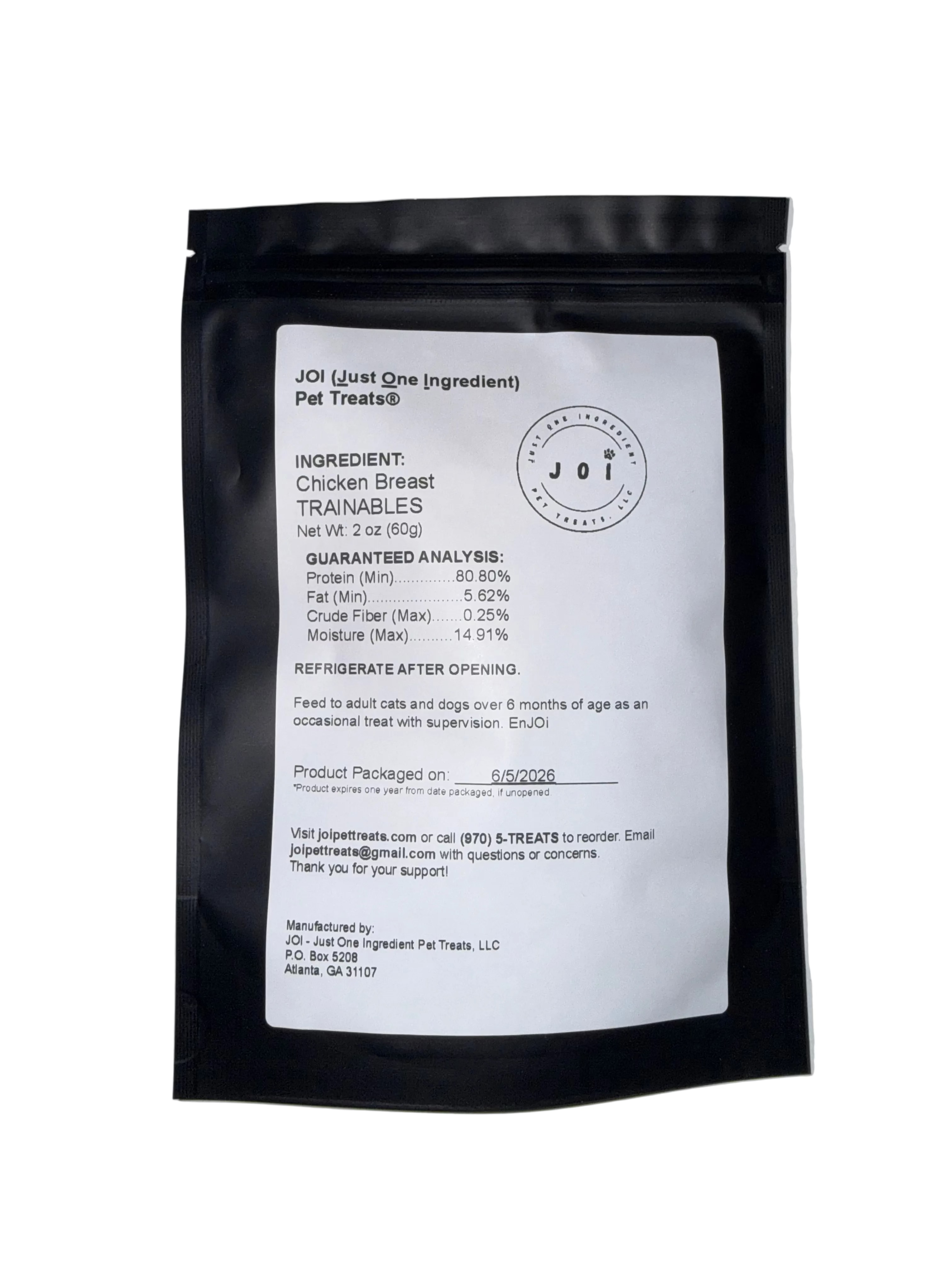 Packaging with a product ingredients, nutrition analysis, and storage instructions white label on a white background