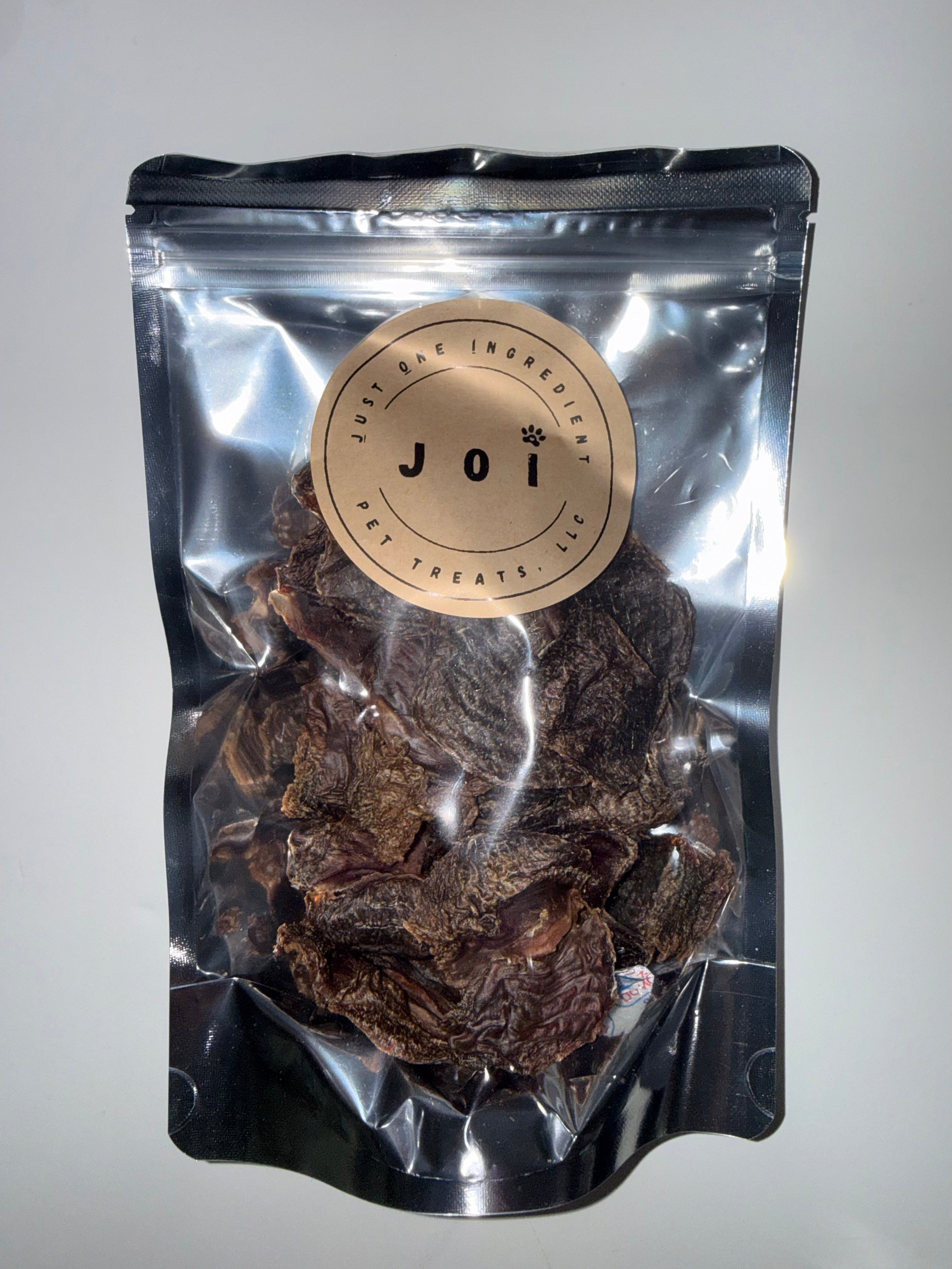 Packaged turkey gizzards treats with JOI label on a white background