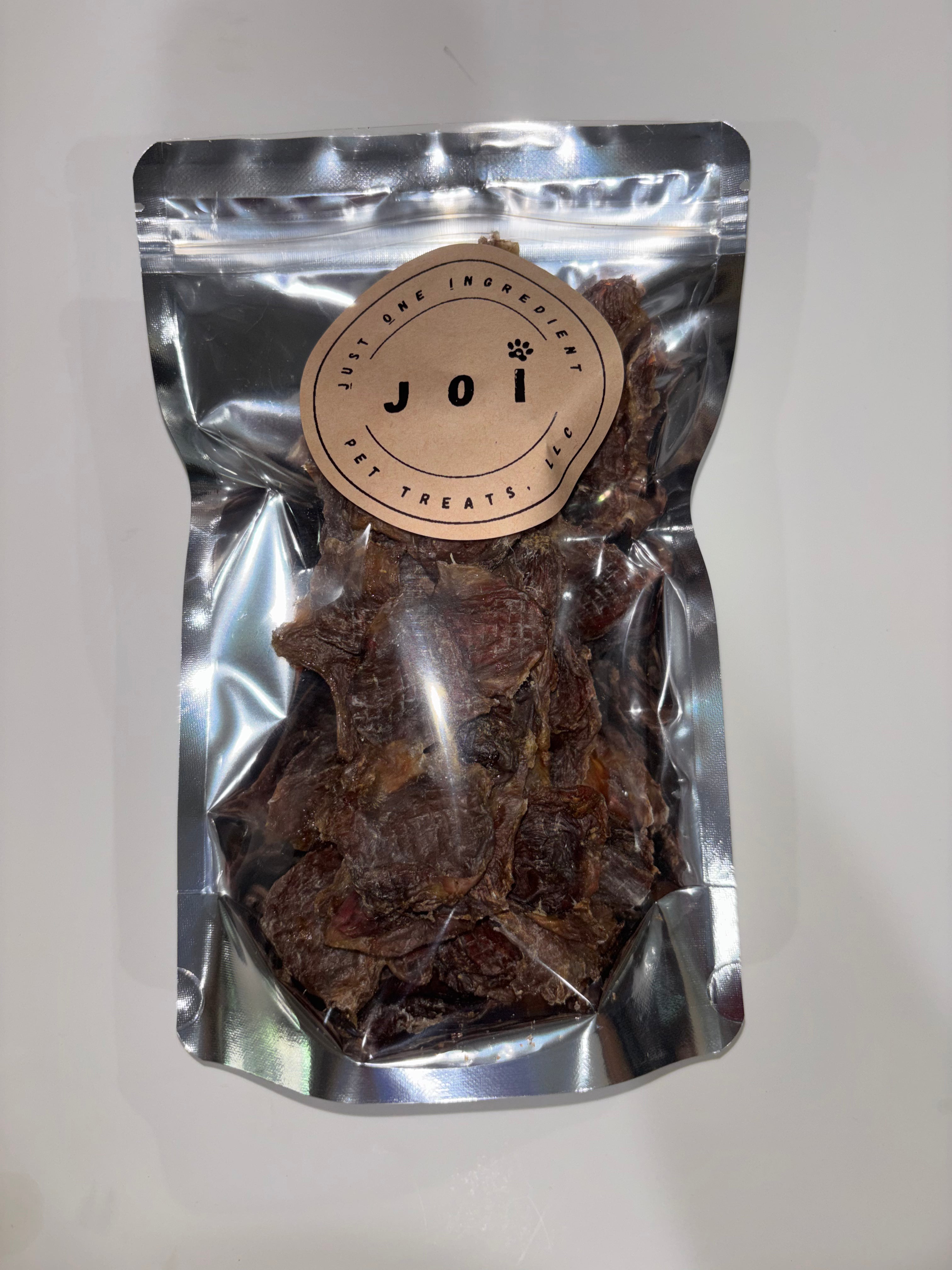 Packaged chicken gizzards treats with JOI label on a white background