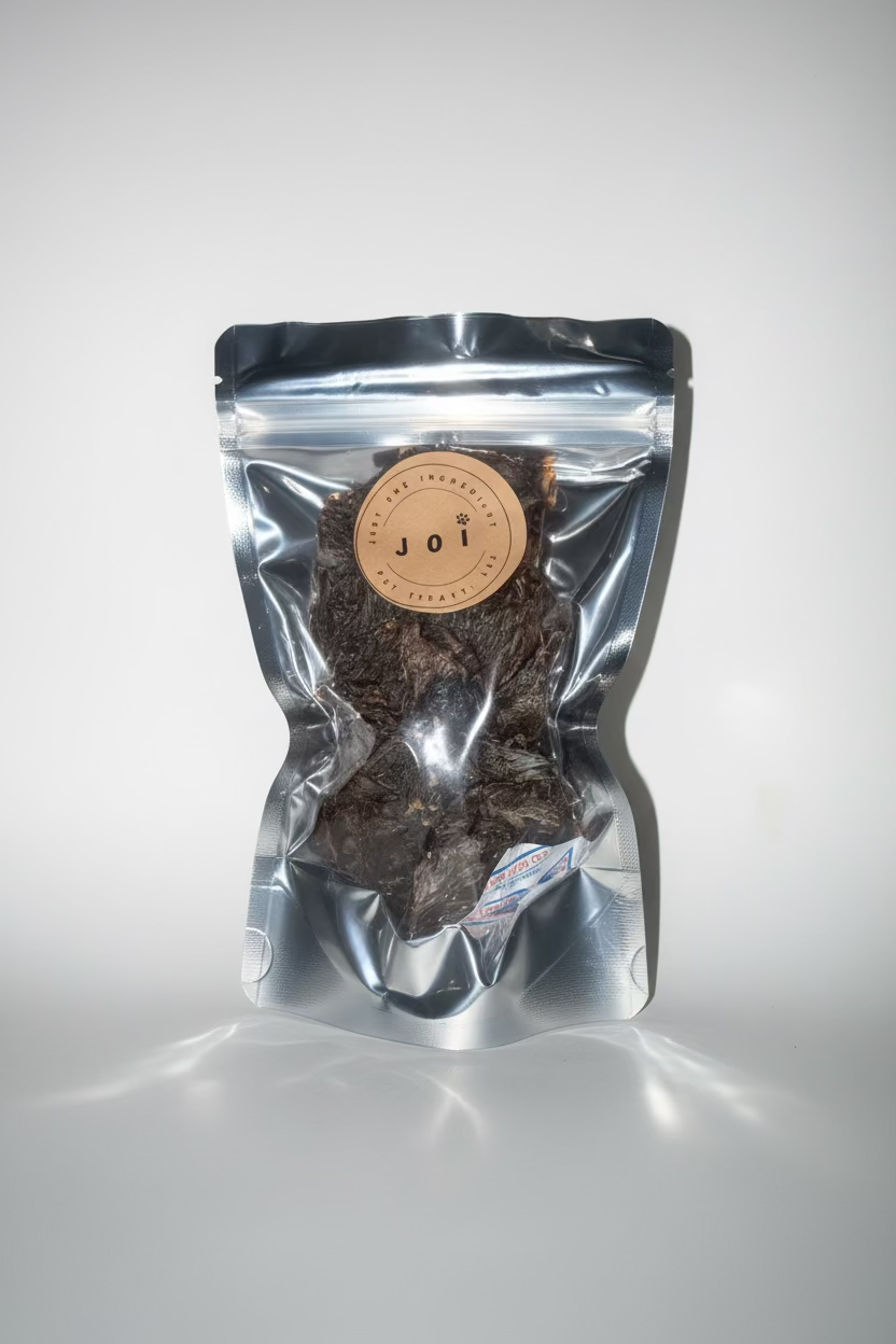 JOI single ingredient dehydrated chicken hearts dog treat package