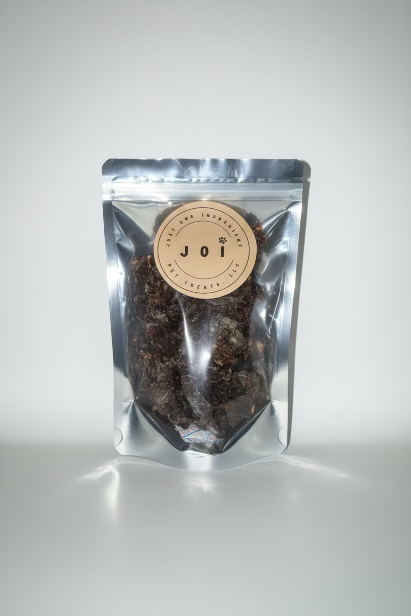 JOI single ingredient dehydrated chicken hearts dog treat package