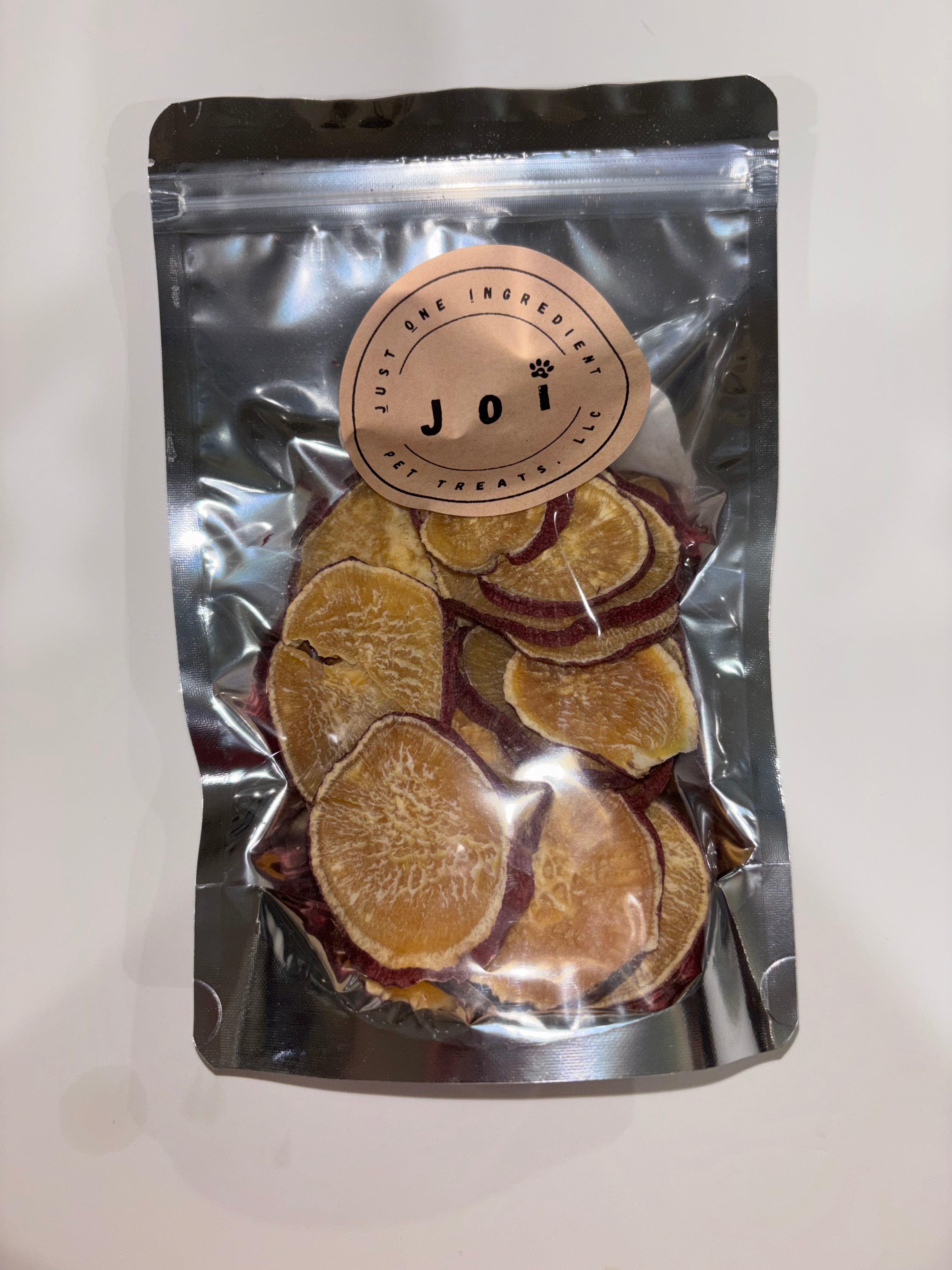 Packaged Korean sweet potato treats with JOI label on a white background