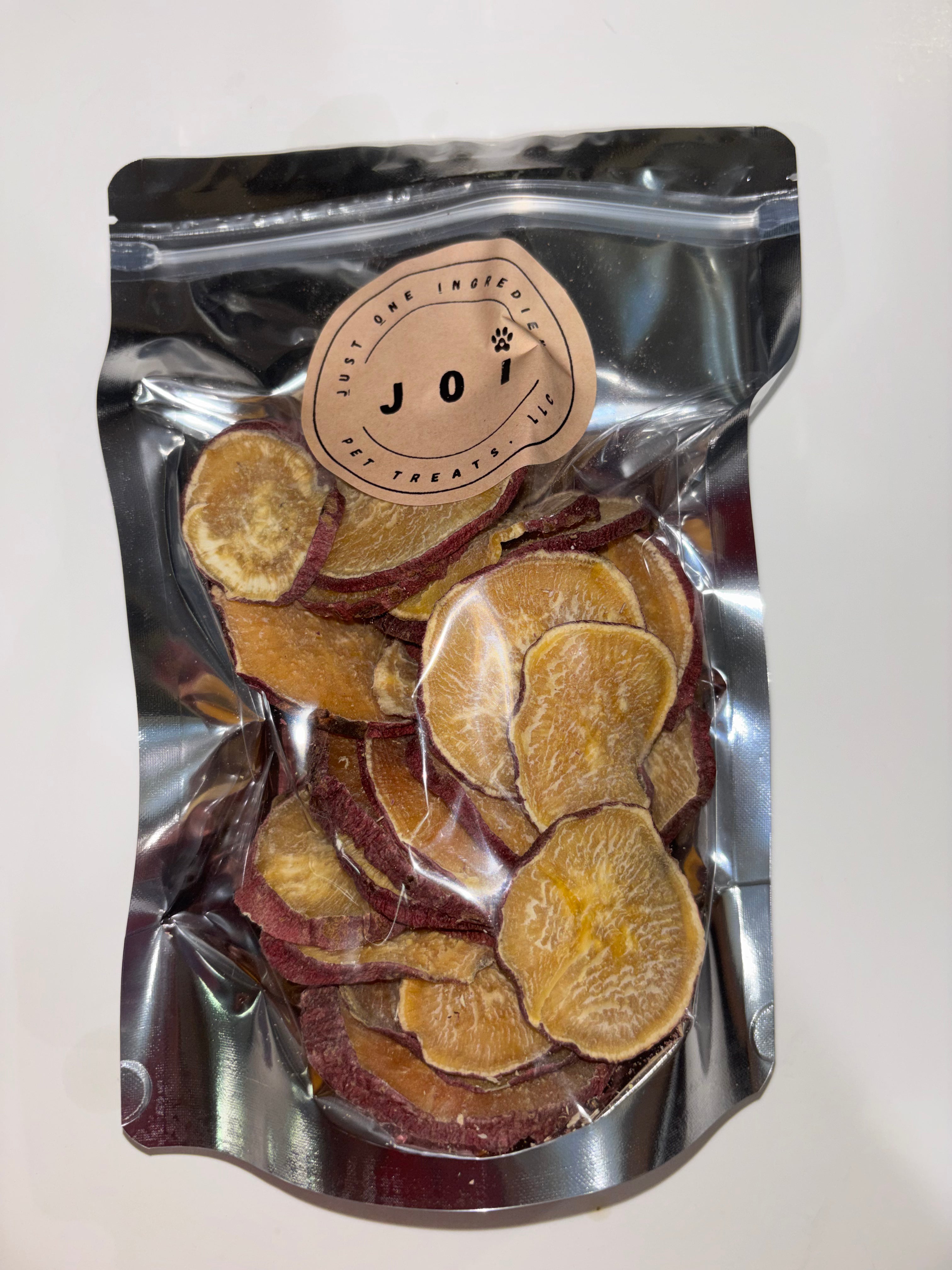 Packaged Korean sweet potato treats with JOI label on a white background
