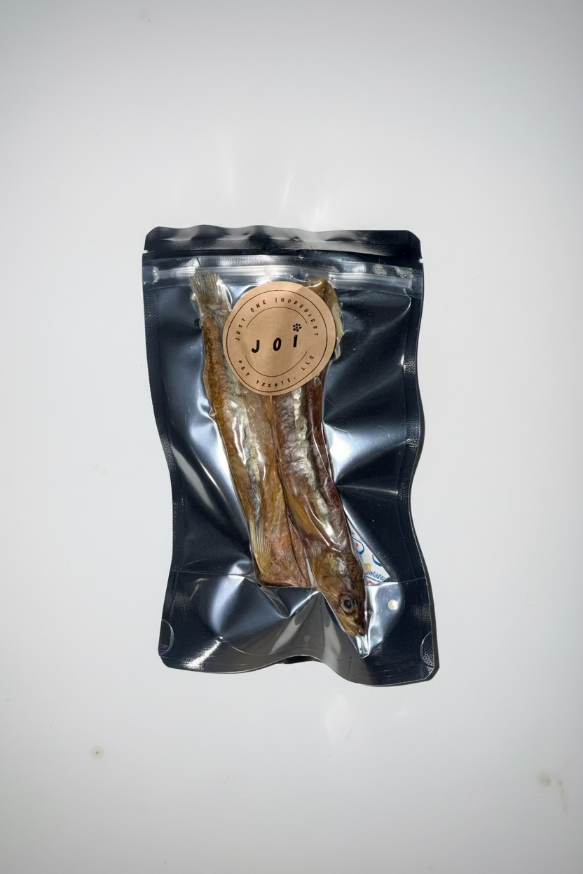 JOI single ingredient dehydrated large smelt dog treat package