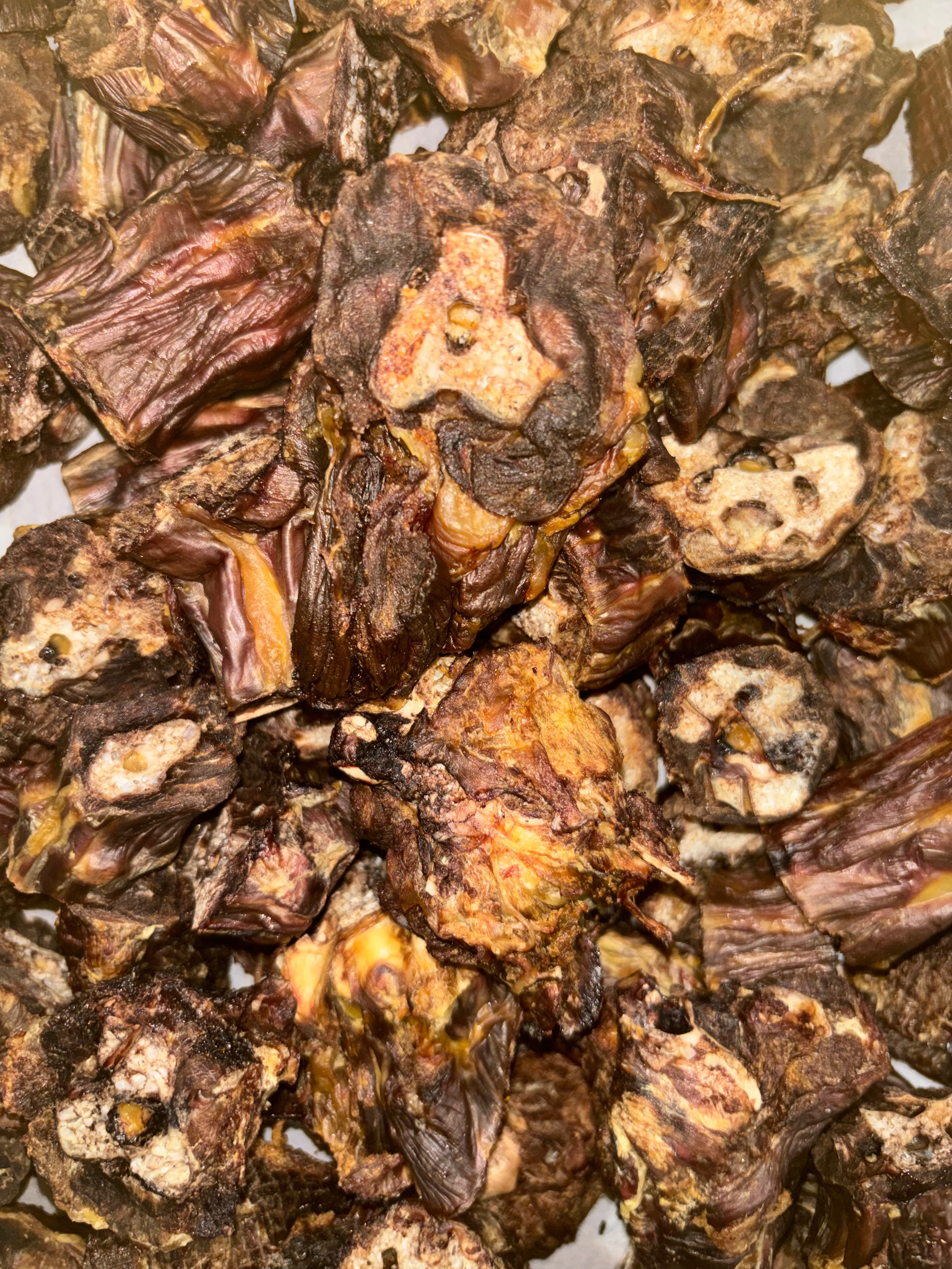 Close-up of dehydrated turkey neck bites