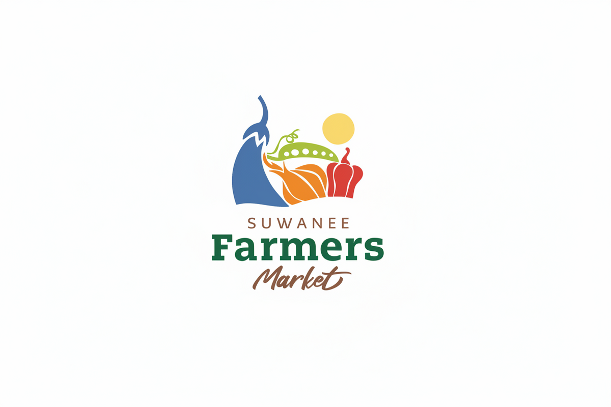 A colorful logo for Suwanee Farmers Market featuring stylized farm produce and a sun above the text, on a plain white background.