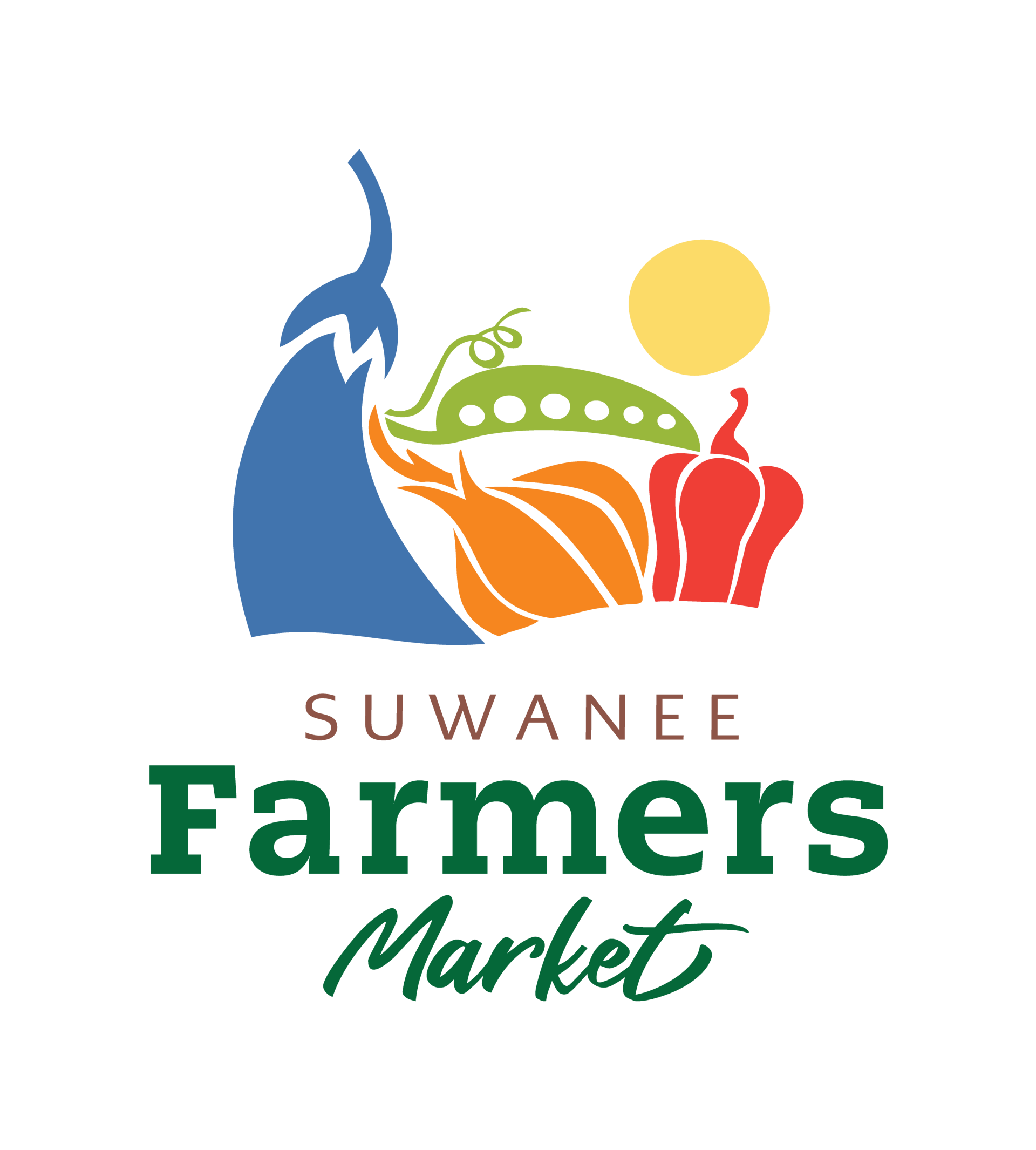 A colorful logo for Suwanee Farmers Market featuring stylized farm produce and a sun above the text, on a plain white background.